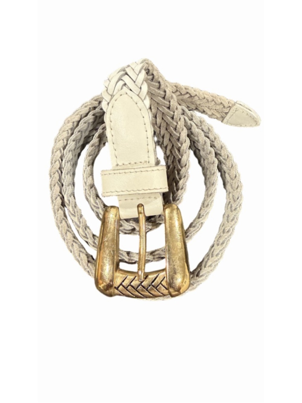 Vintage Chic Belt Women White Braided Genuine Split Leather Fancy Buckle size XL